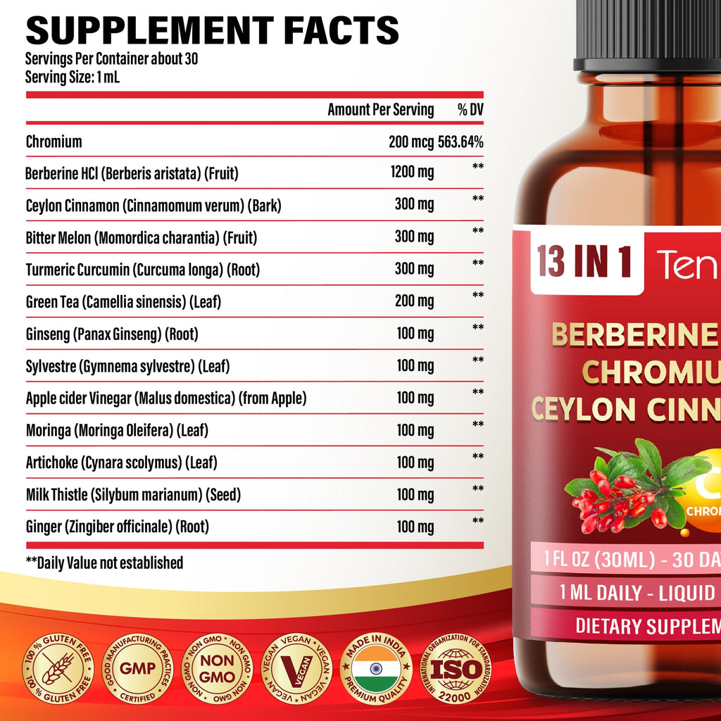 Tenmido 13in1 Berberine Liquid Drops with Chromium, Ceylon Cinnamon, Bitter Melon, Turmeric, Green Tea, Ginseng, Sylvestre, Moringa, Apple Cider Vinegar & More - 30 Days Supply - 1FL Oz