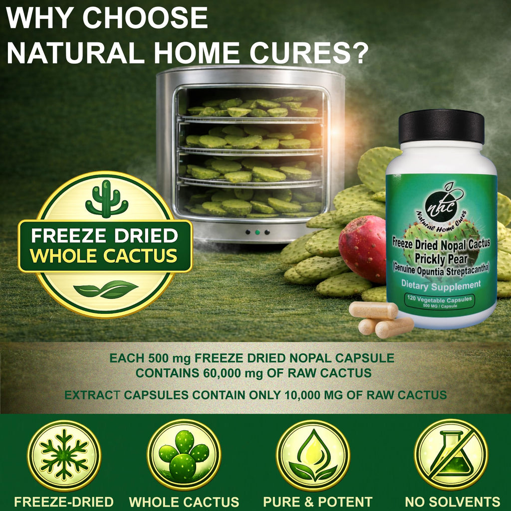 Natural Home Cures Nopal Cactus Capsules - Freeze Dried Prickly Pear Extract - Fiber Supplement for Metabolic Health Support - Rich in Betalains & Nitrates - Non-GMO - 120 Veggie Caps (1 Bottle)
