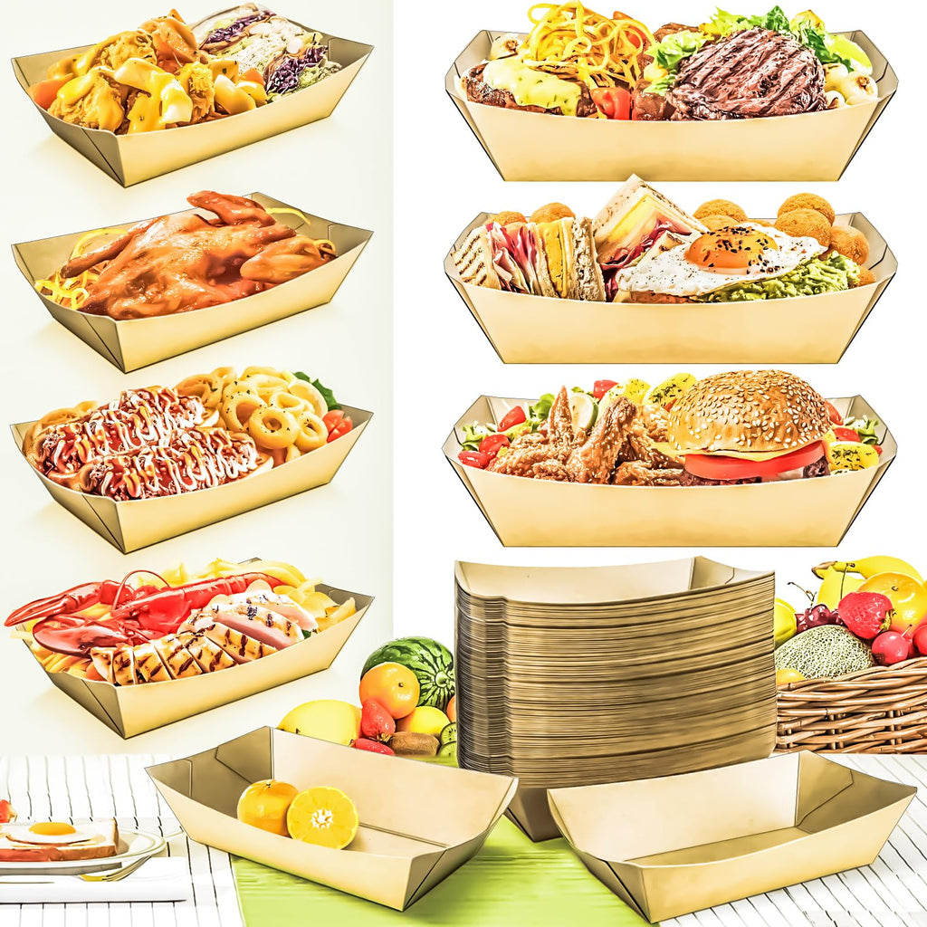 MotBach 125 Pack 5LB Extra Large Paper Food Boats Trays Disposable Paper Boat Plate Containers, Kraft Food Serving Tray Boat Basket Bowl for Snack Popcorn Burger Sandwich Taco BBQ Fries Dessert Nacho