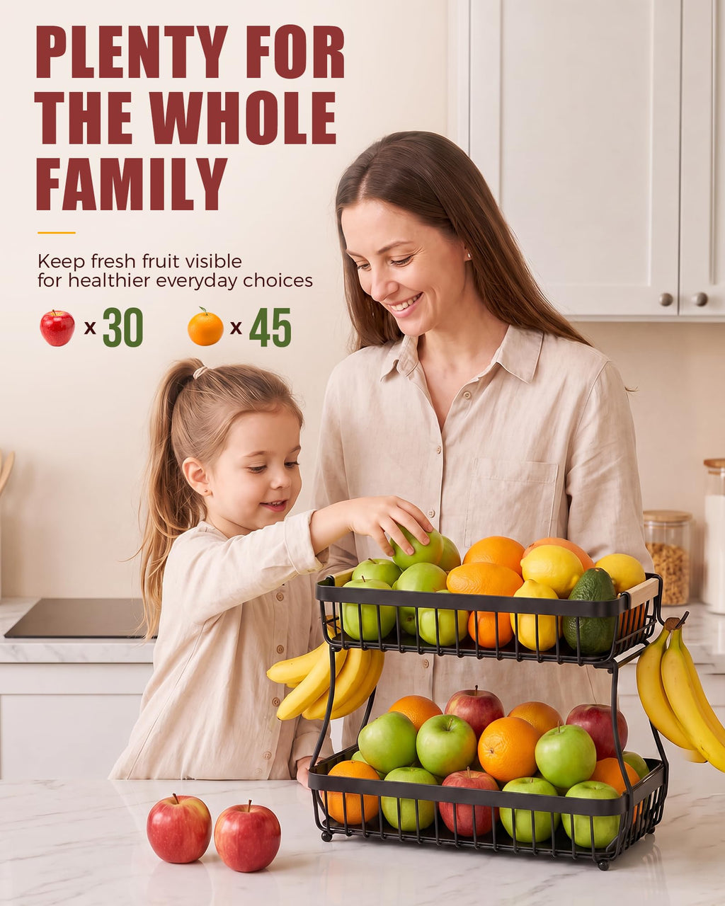 Sevenblue 2-Tier Fruit Basket with Banana Hangers, Detachable Metal Bowl