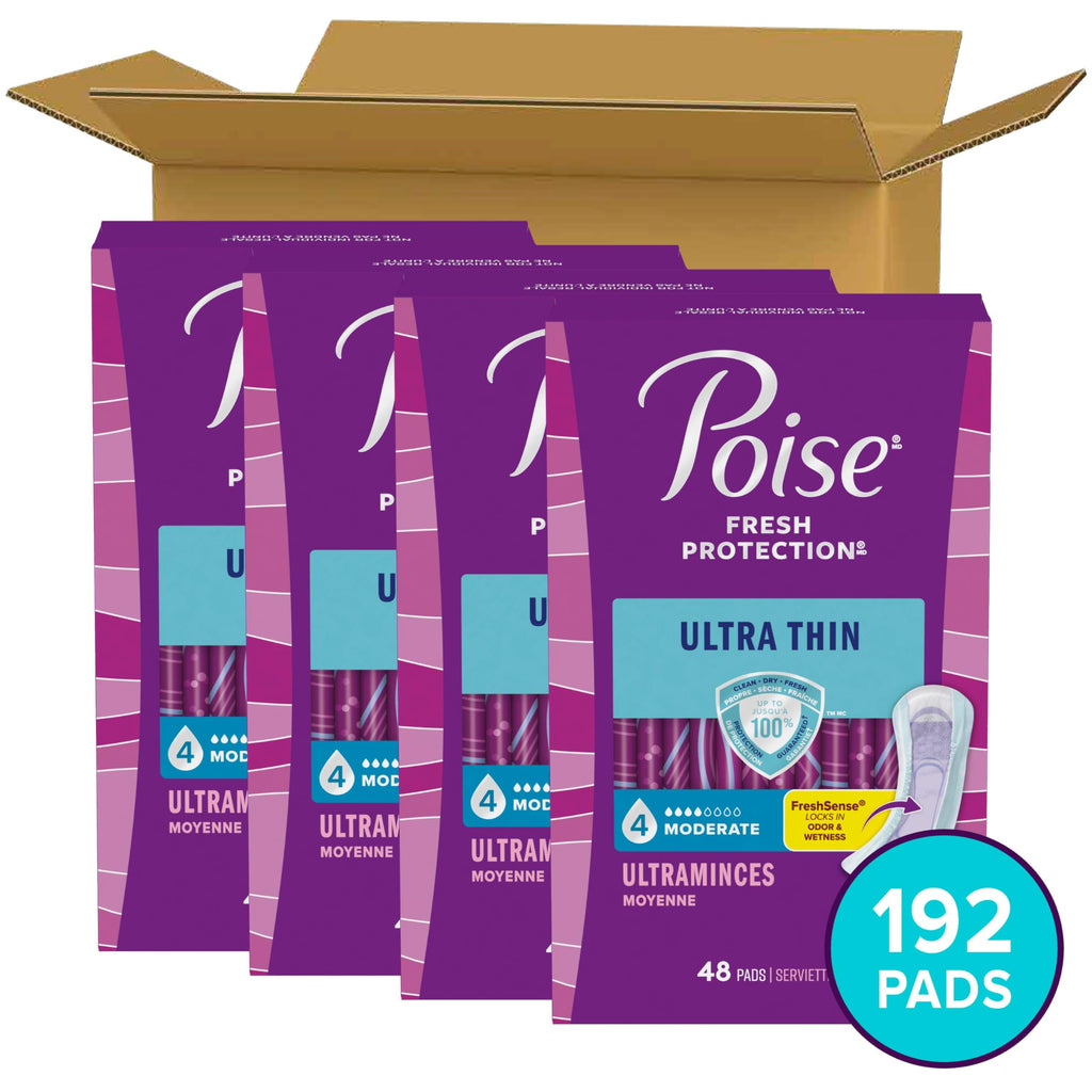 Poise Ultra Thin Incontinence Pads & Postpartum Pads for Bladder Leaks, 4 Drop Moderate Absorbency, Regular Length, 192 Count (4 Packs of 48), Packaging May Vary
