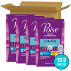 Poise Ultra Thin Incontinence Pads & Postpartum Pads for Bladder Leaks, 4 Drop Moderate Absorbency, Regular Length, 192 Count (4 Packs of 48), Packaging May Vary