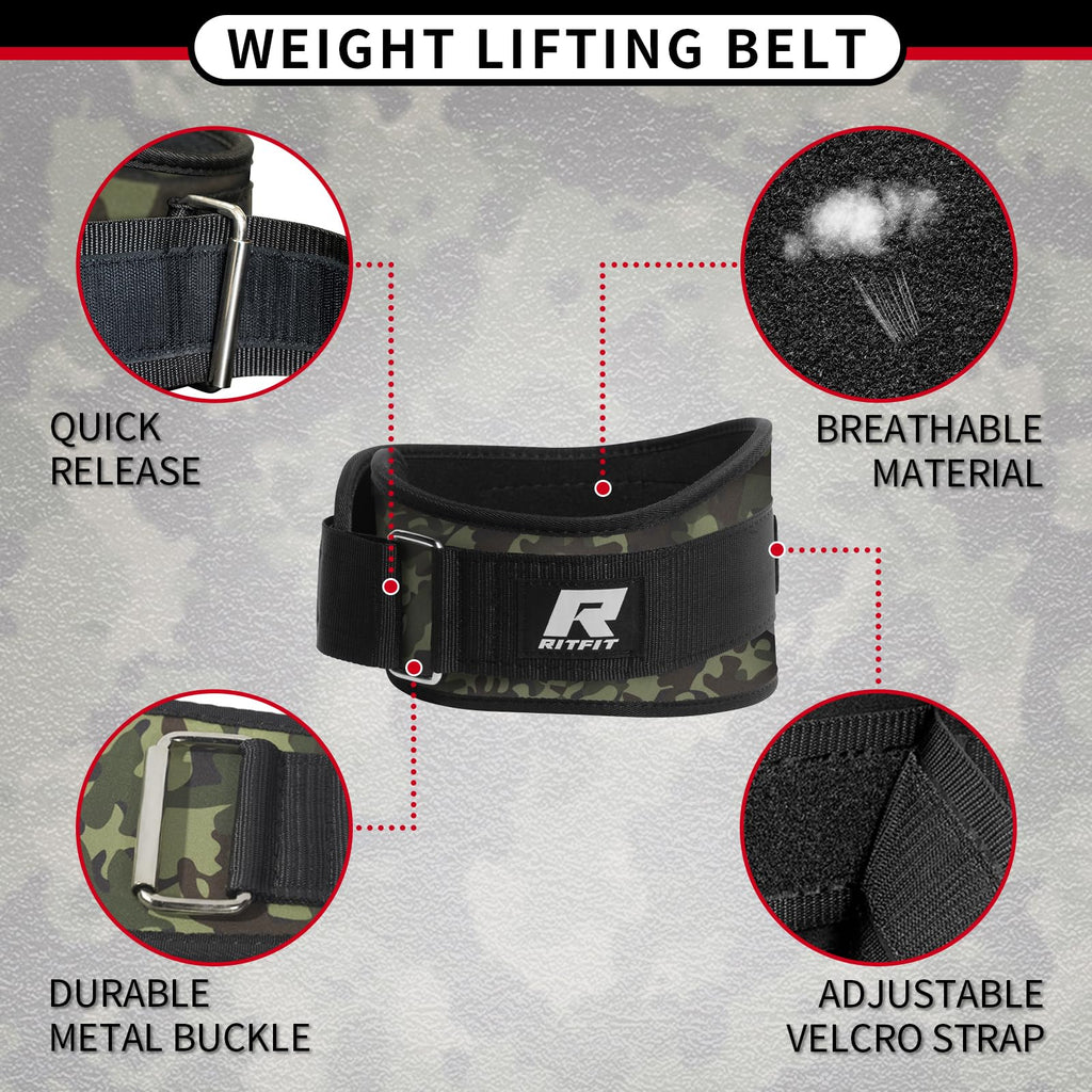 RitFit Self-Locking Weight Lifting Belt Gym Belt Great for Weightlifting, Squats, Lunges, Deadlift, Thrusters Men and Women Lifting Belt- 6 Inch/Camo