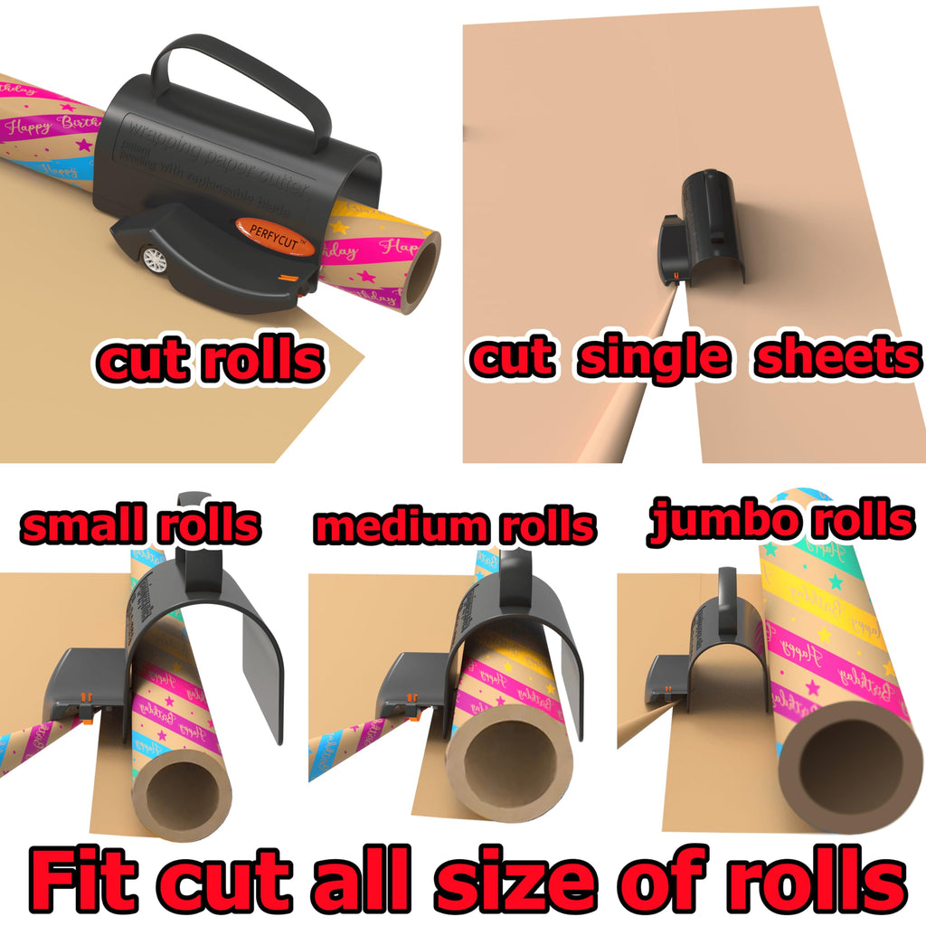PERFYCUT Wrapping Paper Cutter with 3 Replaceable Blade Sets for Birthday Paper Gift Wrapping Paper Roll Cutter and Christmas Wrapping Paper Cutter Tool Tube Holder Slidding Slicing.