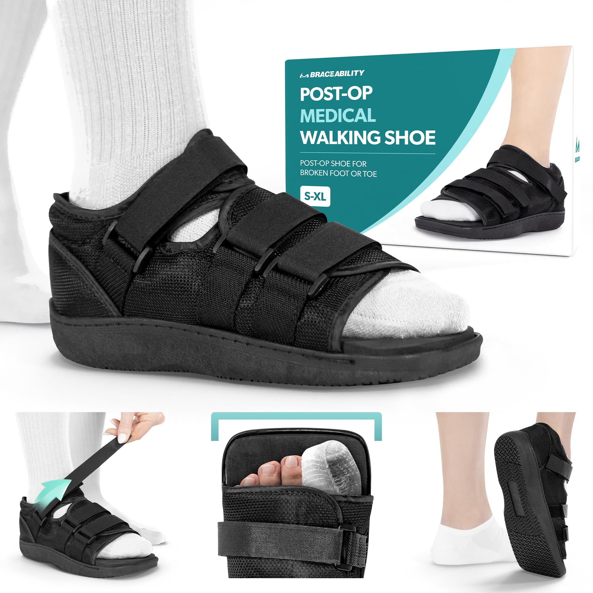 BraceAbility Post Op Shoe Foot Brace - Adjustable Orthopedic Medical Walking Boot for Broken Toe, Stress Fracture Injuries, Universal Cast Shoe for Men or Women After Foot Surgery Recovery (M - Male)