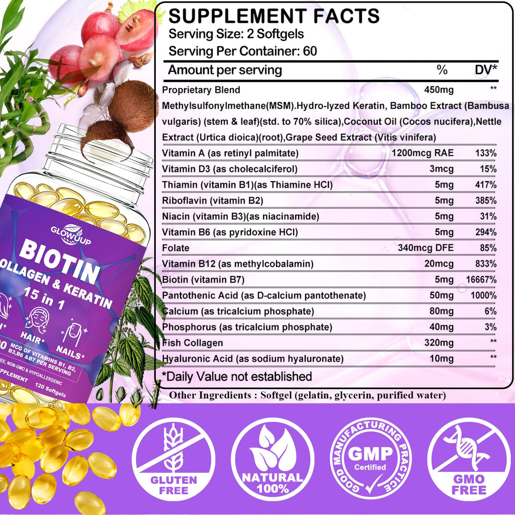 Biotin for Hair Growth Women Men, Biotin and Collagen Supplements Softgels