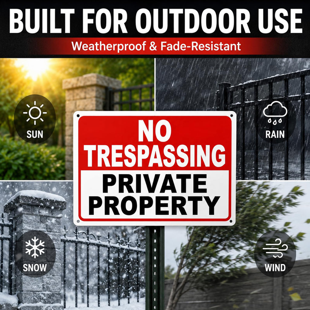 4 Pack No Trespassing Signs Private Property – 10x7 Inch 40 Mil Rust Free Aluminum, Reflective Warning Signs, UV Printed, Weatherproof Outdoor High Visibility Security Sign for Fence, Gate & Yard