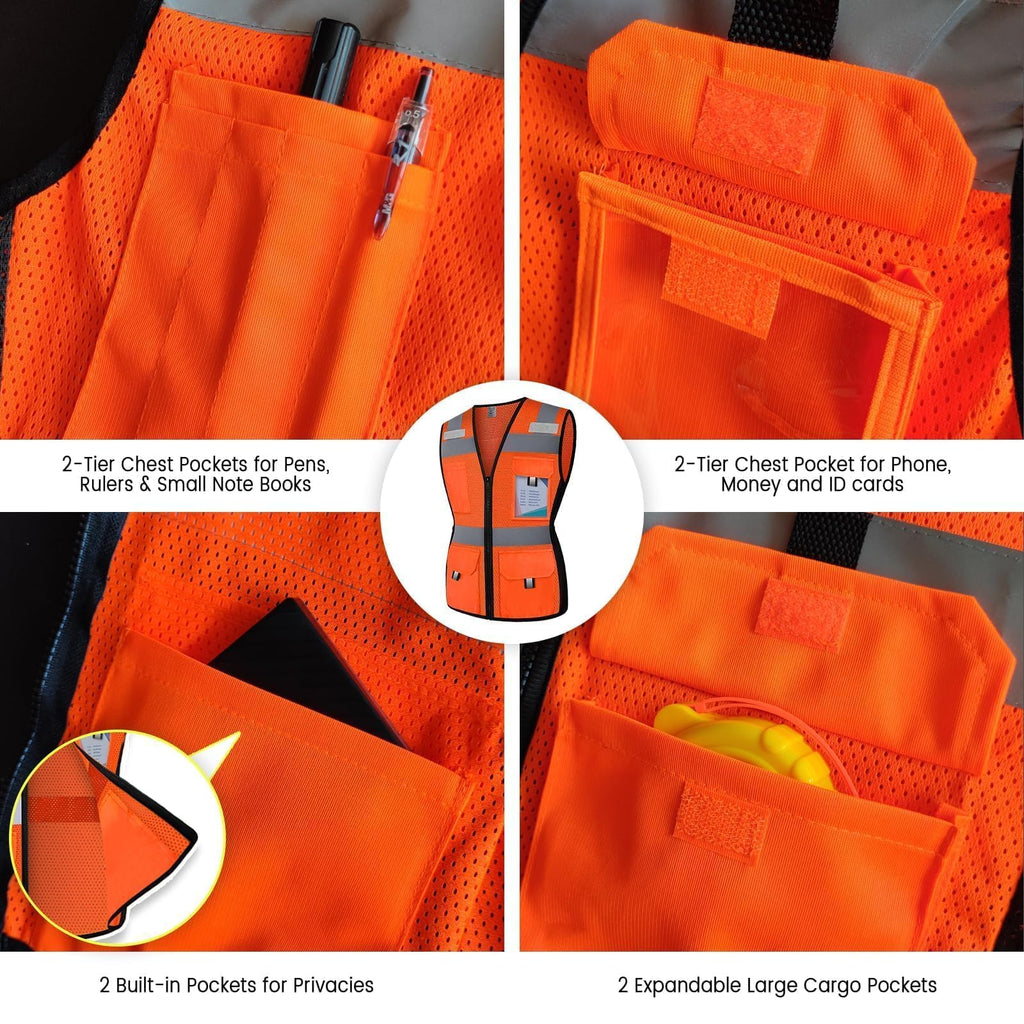 Uno Mejor Womens Safety Vest with 11 Pockets Hi Vis Mesh Reflective Safety Vest for Women, Lady Neon Construction Work Vest with Zipper, Snug-Fit & Durable, ANSI Compliant, (U-Orange, L)