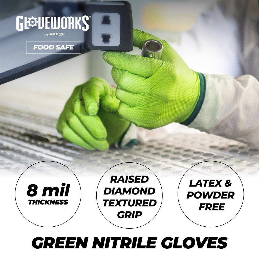 GLOVEWORKS HD Green Nitrile Industrial Disposable Gloves, 8 Mil, Latex-Free, Raised Diamond Texture, Medium, Case of 1000