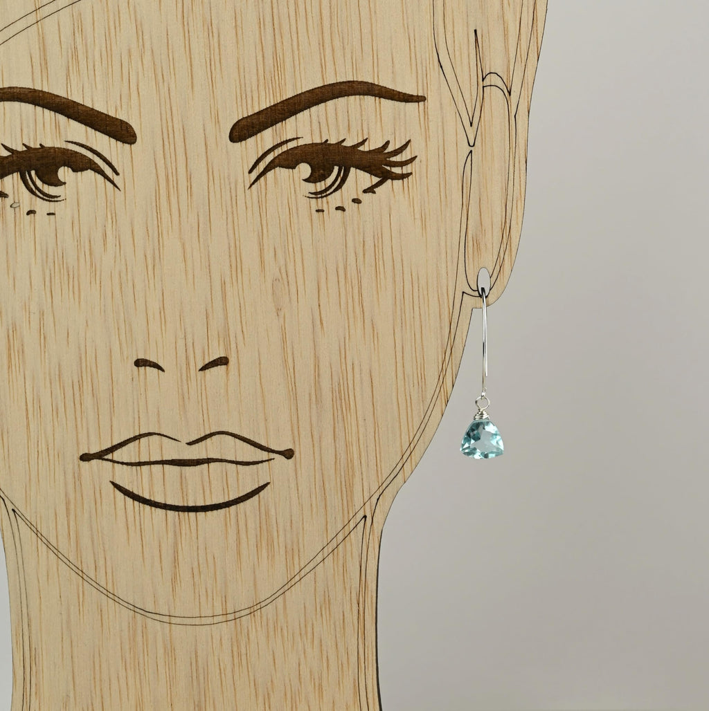 Handmade Dangle Earrings for Women - Aquamarine Blue Quartz Sterling Silver in Gift Box - Sparkly Blue Quartz Trillion - Lightweight Dangling - Trendy Long Dangly Drop Handcrafted
