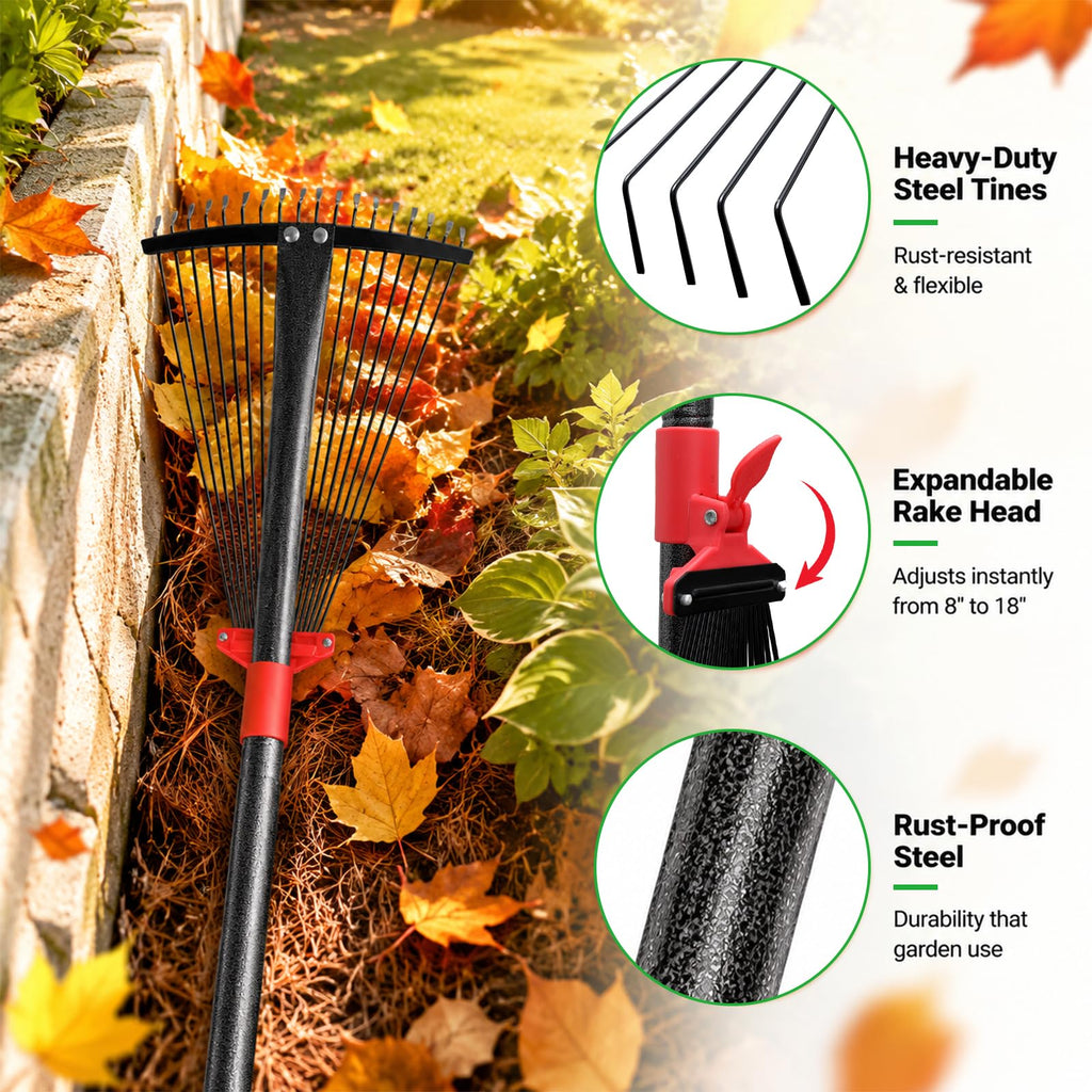 76Inch Adjustable Metal Leaf Rake, 18 Metal Tines Heavy Duty Leaves Rake for Lawns with 8-18" Expandable Head Long Handle Garden Rakes for Leaves Yard Gardening Grass Outdoor Camping Debris