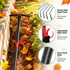 76Inch Adjustable Metal Leaf Rake, 18 Metal Tines Heavy Duty Leaves Rake for Lawns with 8-18" Expandable Head Long Handle Garden Rakes for Leaves Yard Gardening Grass Outdoor Camping Debris
