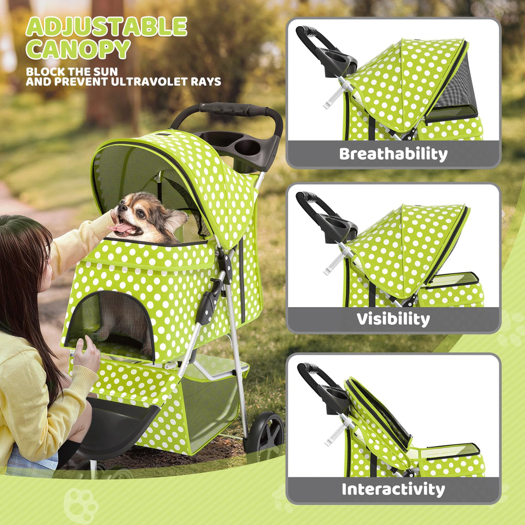 Magshion 3-Wheel Pet Stroller, Foldable Travel Jogger for Small & Medium Dogs & Cats (Up to 33lbs), Lightweight Carrier with Breathable Mesh Cover, Cup Holder & Storage Basket, Lawn Green Polka Dots