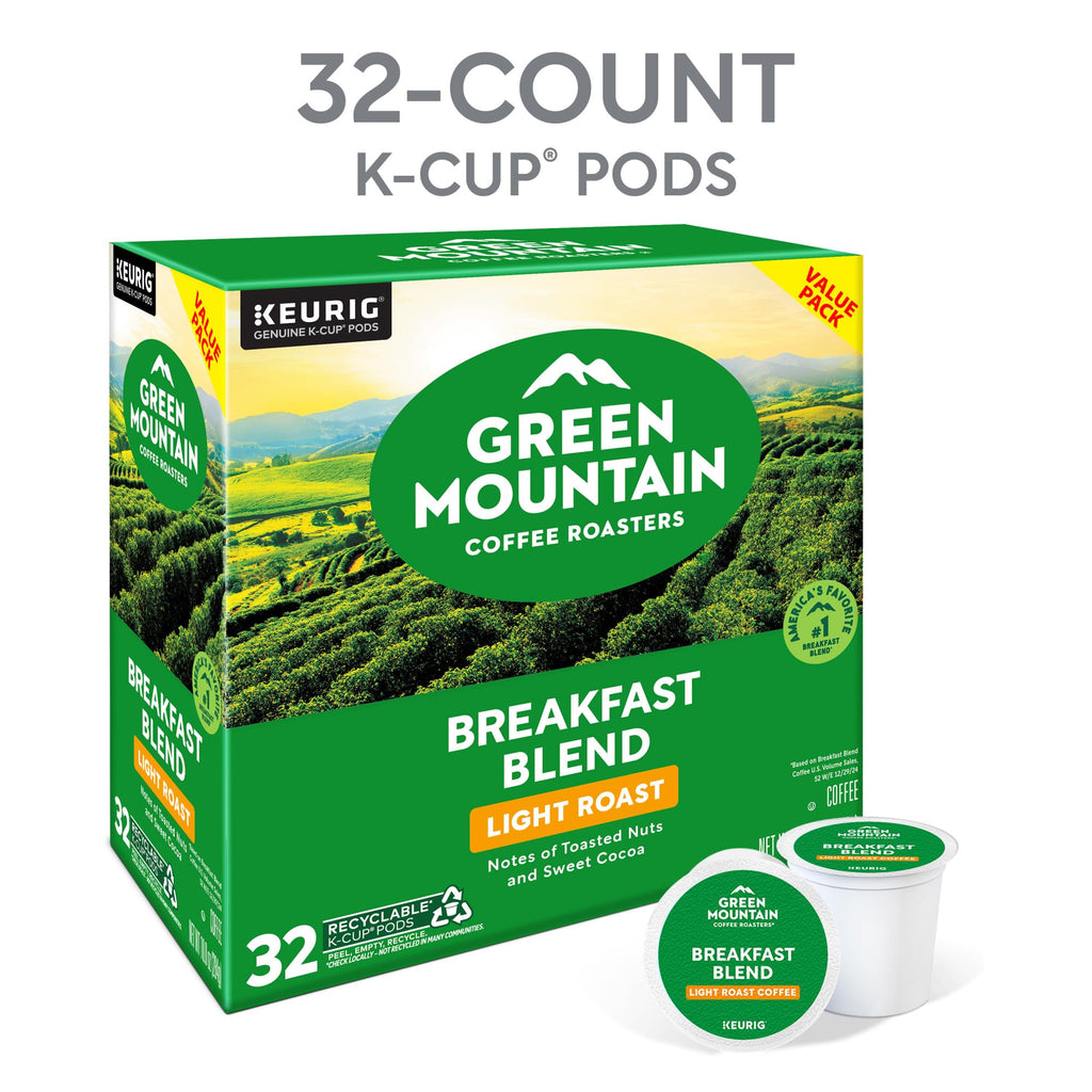 Green Mountain Coffee Roasters Breakfast Blend, Single-Serve Keurig K-Cup Pods, Light Roast Coffee Pods, 32 Count