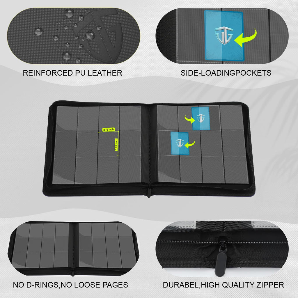 TCGUARD 12 Pockets Trading Card Zipper Binder for 720 Cards| Secure Side Loading Pockets | Trading Card Album Folder | Compatible with YuGiOh, MTG(Black 12)
