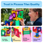PicassoTiles 100pc Magnetic Marble Run Set with Racing Track Tiles Funnels Curved Slopes and Steel Balls for Kids STEM Construction Indoor Learning Toy That Promotes Focus and Problem Solving PTG100