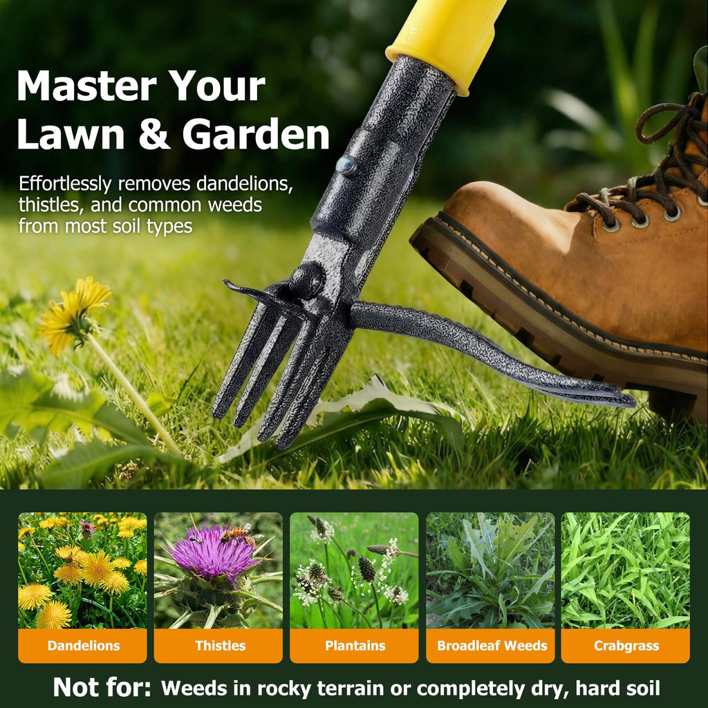 Weed Puller Tool Stand Up with Slide-Release Ejection, Reinforced Steel Weeder with 3-Section Long Handle, No-Touch Cleaning for Lawn & Garden, Heavy Duty No Bend Weeding Tool for Dandelions, Thistles