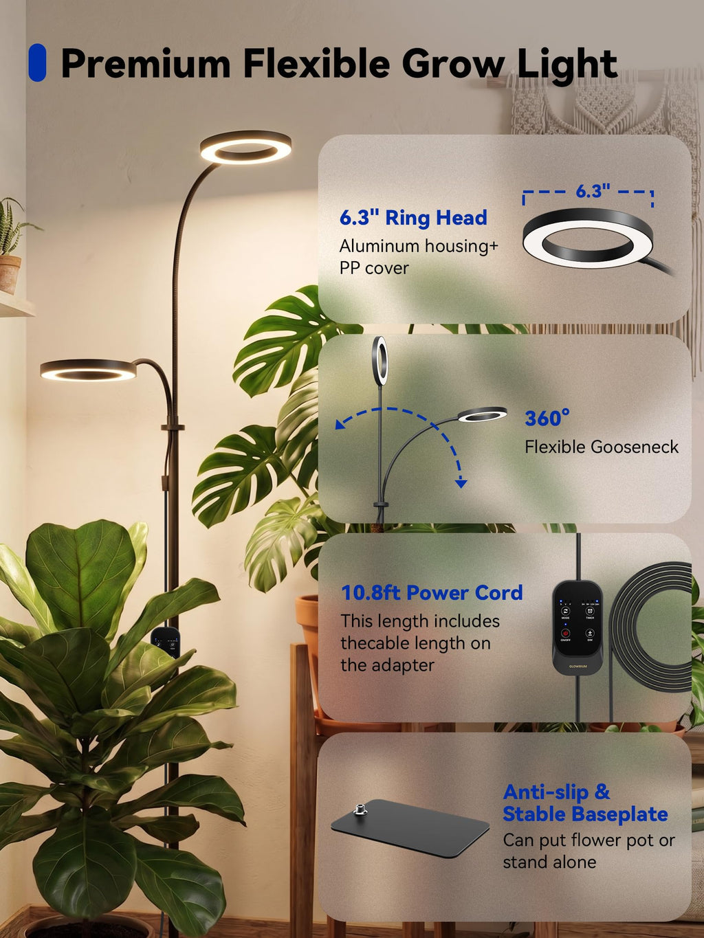 GLOWRIUM Grow Lights for Indoor Plants,Full Spectrum Plant Light with Stand