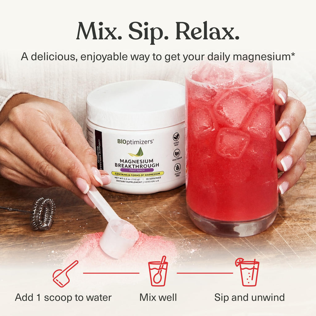 BIOptimizers Magnesium Breakthrough Drink - 8 Forms of Magnesium, Electrolytes, Sleep Health, Stress, Muscle Recovery, Heart Support | Glycinate, Citrate, Malate - Fruit Punch