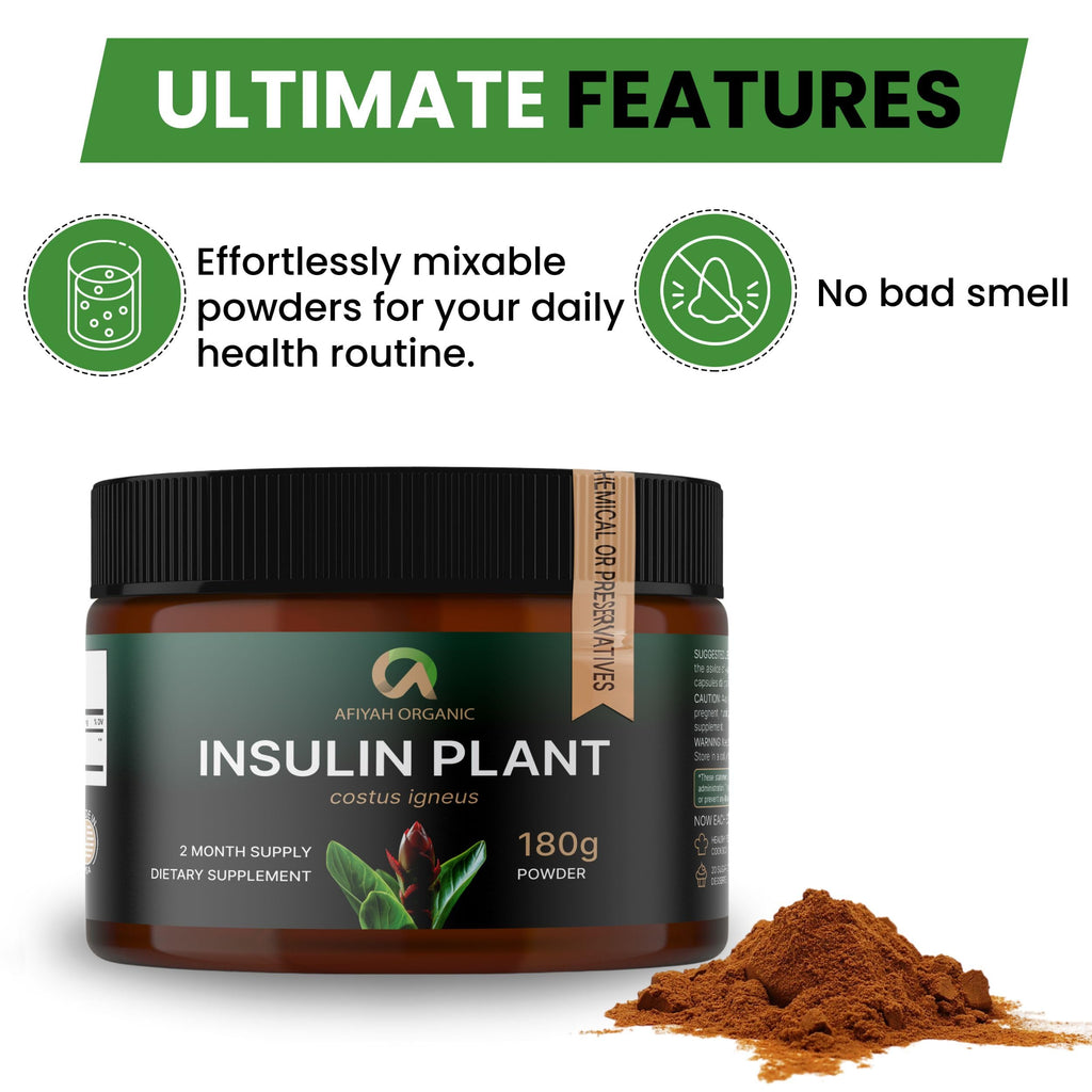 Afiyah Organic - Premium Quality Costus Igneus (Insulin Plant) Powder - No Bad Taste (2 Month Supply) - Made in the USA - Including Complete Health Support Program