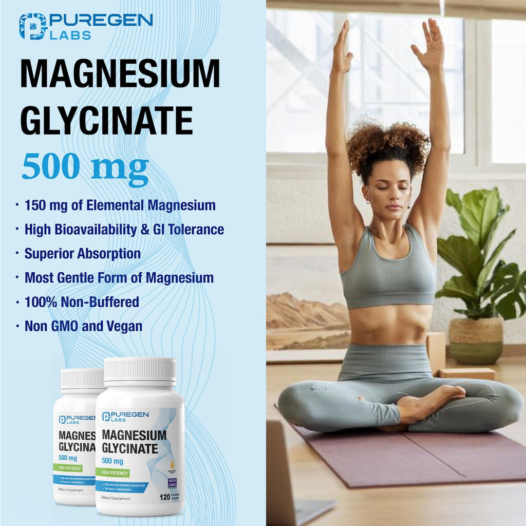 Magnesium Glycinate 500mg [High Potency] 120 Veggie Caps, Chelated for Superior Absorption | No Harmful Additives | Non-GMO, NO Gluten and Dairy, Gentle on Stomach