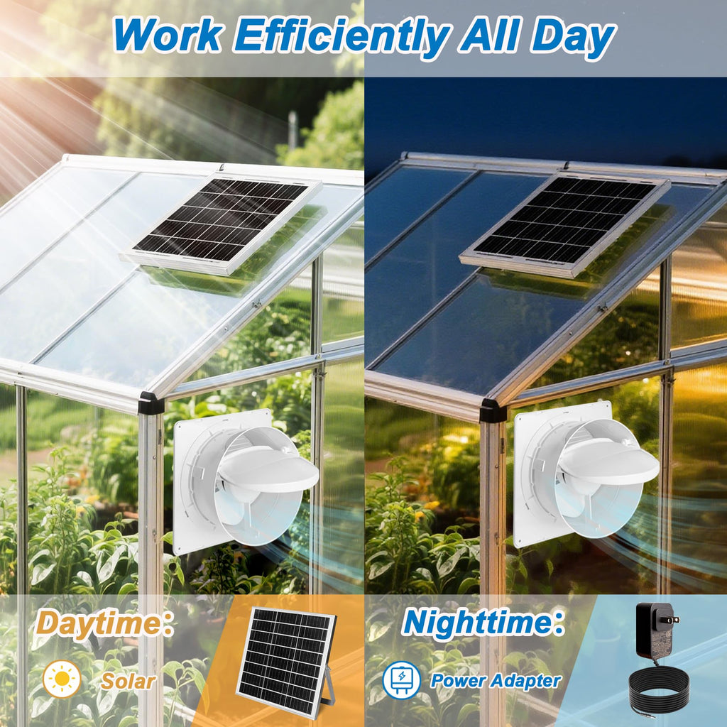 Solar Exhaust Fan with Power Adapter, 6 Inch Solar Powered Exhaust Ventilation Fan, Quiet Brushless Solar Vent Fan with 25W Solar Panel, Anti‑Backflow Valve for Chicken Coop, Shed, Greenhouse