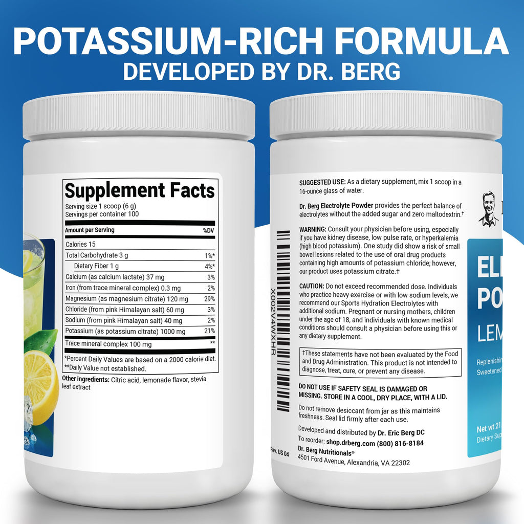 Dr. Berg Zero Sugar Hydration Keto Electrolyte Powder - Enhanced w/ 1000 mg of Potassium & Real Pink Himalayan Salt (NOT Table Salt) - Lemonade Flavor Hydration Drink Mix Supplement - 100 Servings
