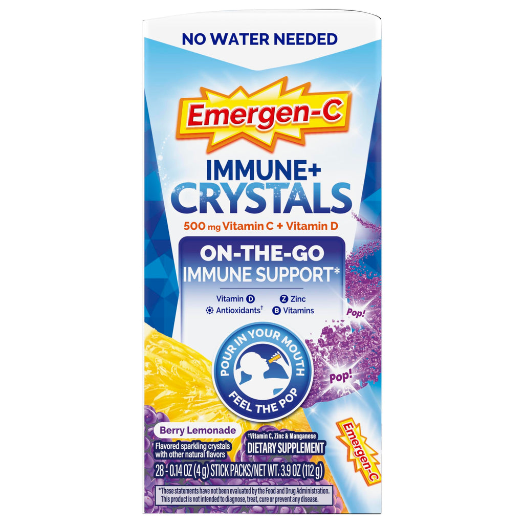 Emergen-C Immune Plus Crystals, On-The-Go Immune Support Supplement with Vitamin C, Vitamin D, B Vitamins, Zinc and Manganese, Berry Lemonade - 28 Stick Packs