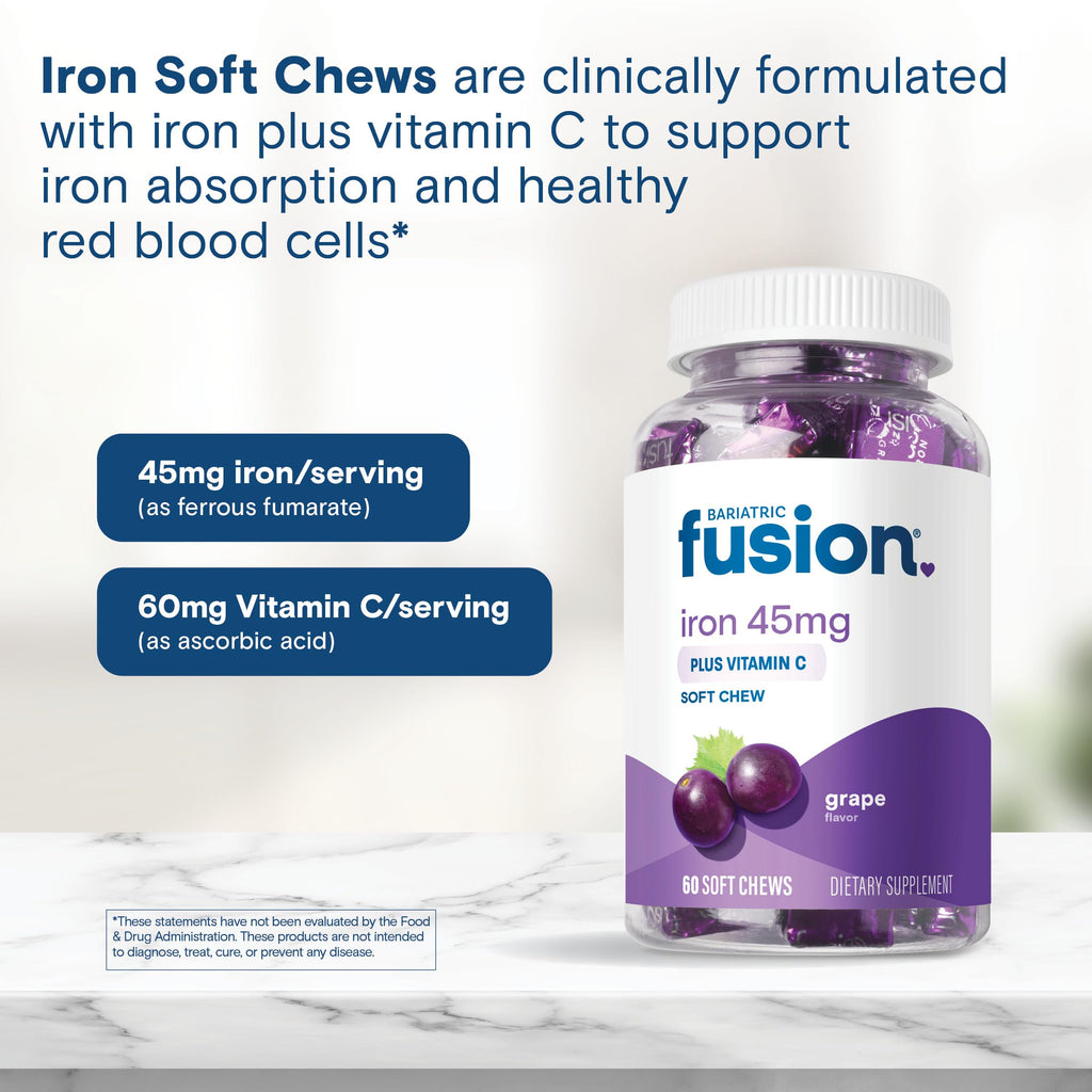 Bariatric Fusion Iron Supplement for Women Anemia | Chewable Iron with Vitamin C | Grape Flavored Soft Chew | Gentle on Stomach Ferrous Fumarate for Women and Men | Gluten Free | 60 Count