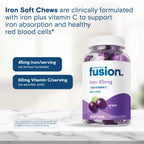 Bariatric Fusion Iron Supplement for Women Anemia | Chewable Iron with Vitamin C | Grape Flavored Soft Chew | Gentle on Stomach Ferrous Fumarate for Women and Men | Gluten Free | 60 Count