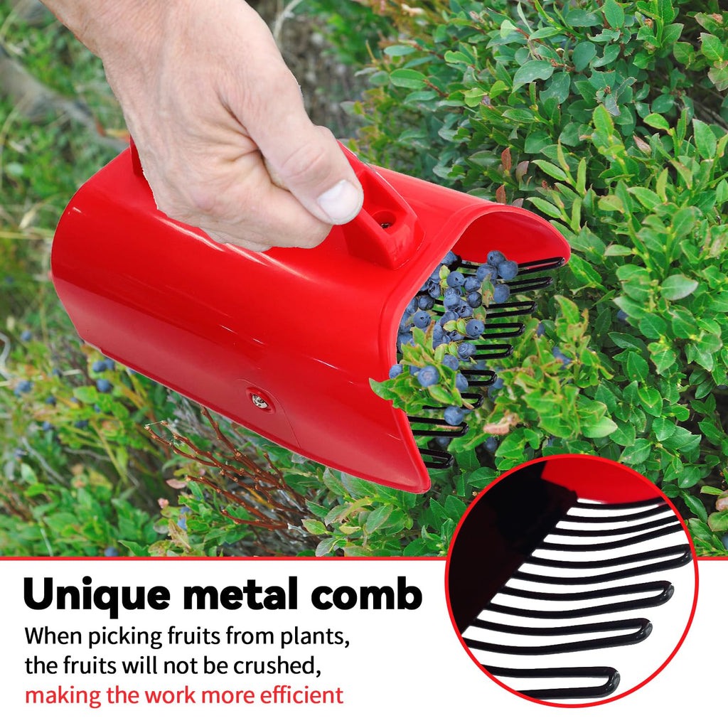 SUGOOE 2 Pack Blueberry Picker with Metallic Comb and Ergonomic Metal Handle, Plastic Scoop for Blueberries Lingonberries Huckleberries (Red)