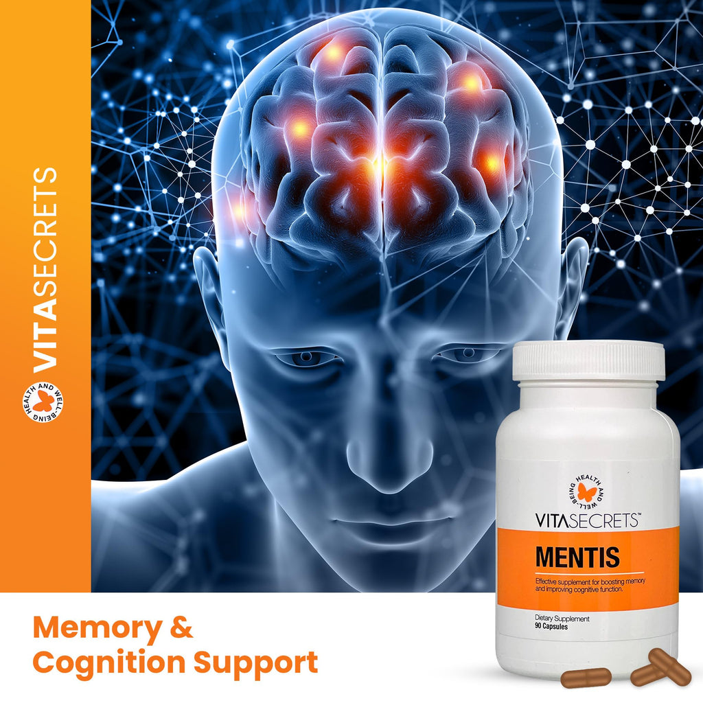 Vitasecrets Mentis Memory & Cognition Support Supplement - Concentration, Clarity, Cognitive Enhancement - Vitamins B6, B12, Ashwaganda, Gingko Biloba| Gluten and GMO Free, 90 Capsules