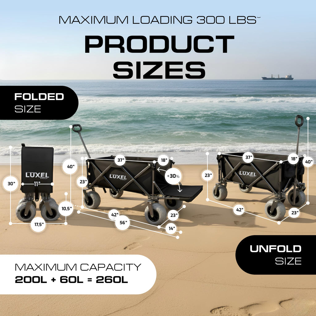 Beach Wagon with Big Wheels for Sand 9" PU Tires Collapsible Wagon, Black