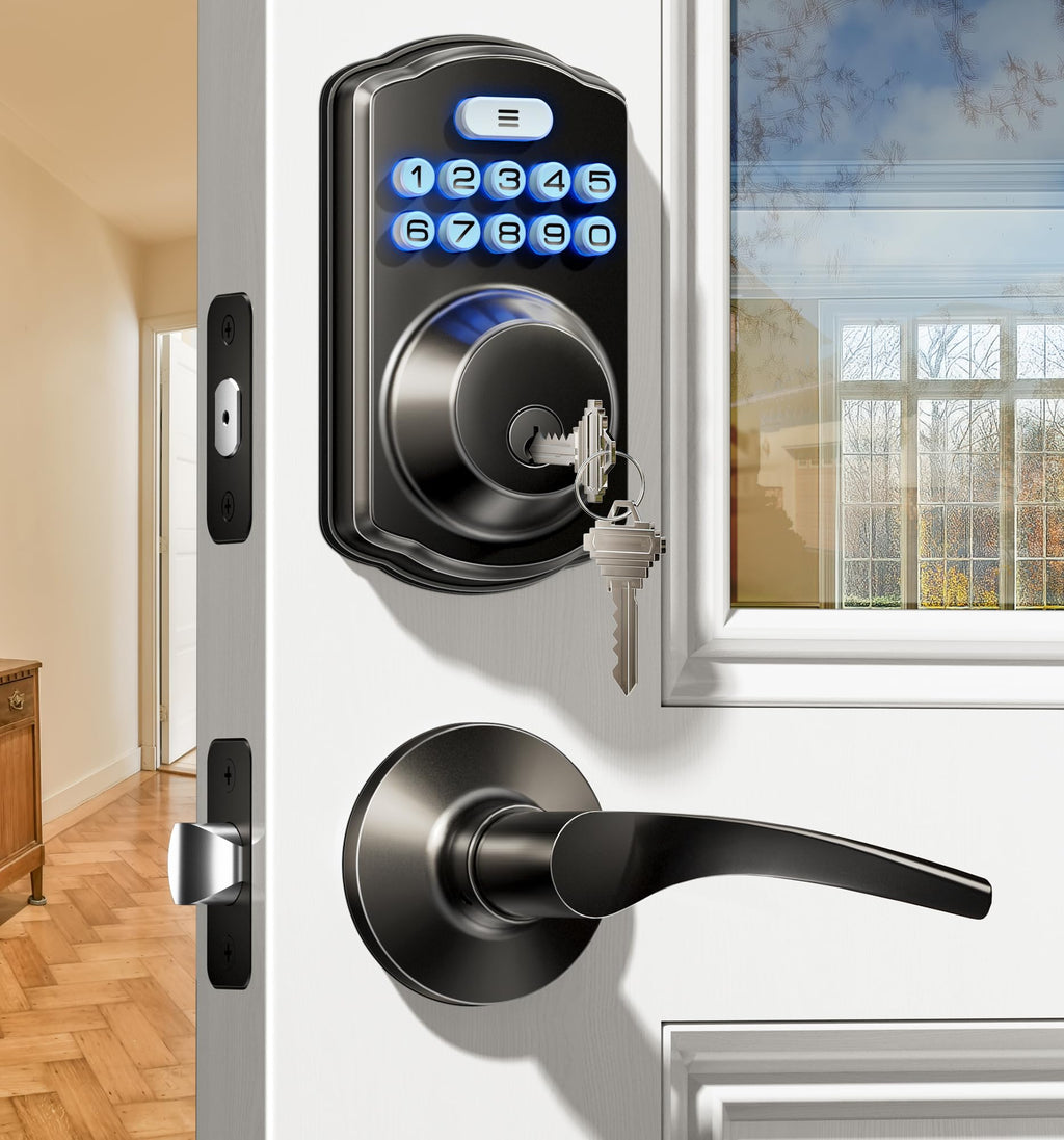 Veise Keyless Entry Door Lock with 2 Lever Handles - Electronic Keypad Deadbolt, Easy Installation Digital Smart Front Door Lock Set, Matte Black