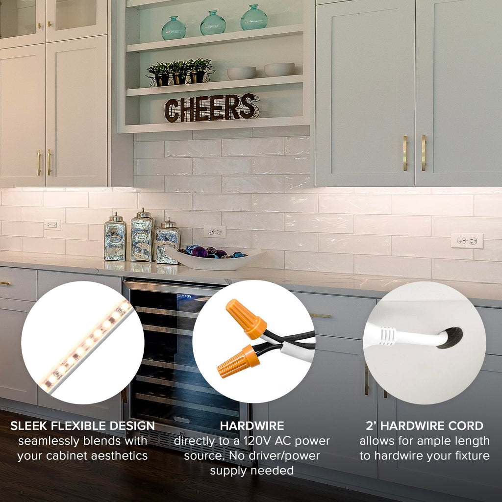Maxxima 24 in. Hardwired LED Under Cabinet Strip Light, 920 Lumens, 3000K Warm White, Kitchen and Living Room 120V White Cove Lighting, No Power Supply Needed