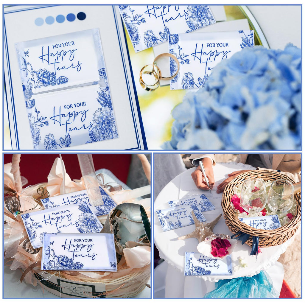 Yinder 60 Bulk Happy Tears Tissue Packs for Wedding 3 Ply Pocket Size Tissues Packs for Guests Facial Individual Wedding Favors Party Supplies Travel Graduation Celebration(Blue Flower)