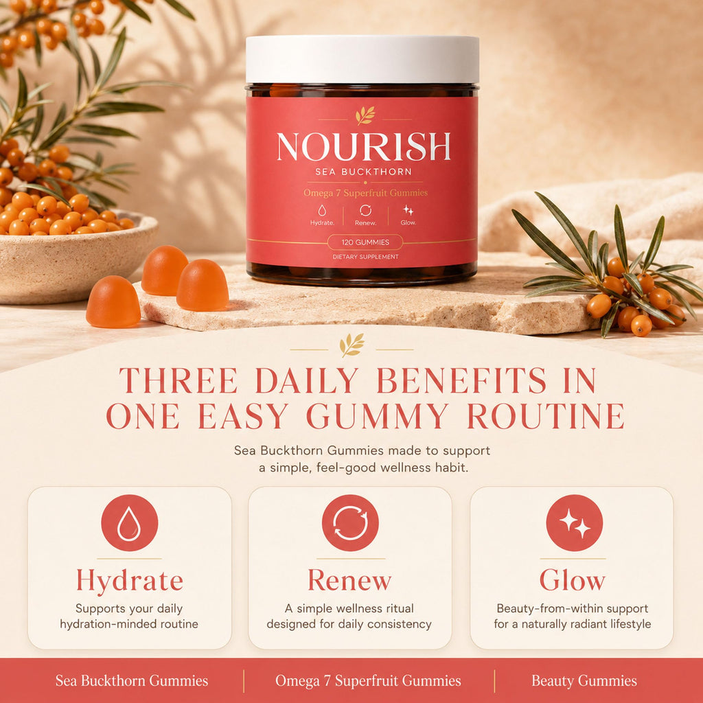 Nourish Sea Buckthorn Gummies, Gummies Sea Buckthorn Supplement with Omega 7 Superfruit Blend, Supports Skin Hydration & Radiant Glow, 120 Count, Orange