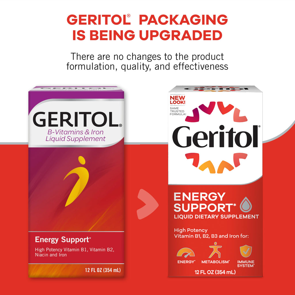 Geritol Liquid Vitamin and Iron Supplement, Energy Support, Contains High Potency B-Vitamins and Iron, Pleasant Tasting, Easy to Swallow, No Artificial Sweeteners, Non-GMO, 12 Oz, 3 Pack