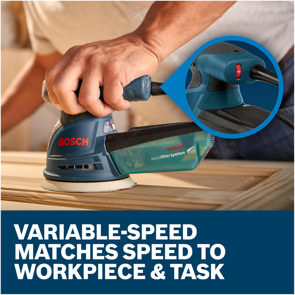 BOSCH ROS20VSC Palm Sander with Vacuum Dust Collector, 2.5 Amp 5 Inch Corded Variable Speed Random Orbital Sander, Polisher Kit with Soft Carrying Bag