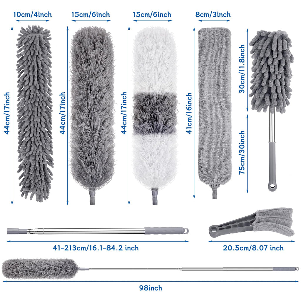 9PCS Dusters for Cleaning,Extendable Microfiber Duster with Extension Pole Up to 100'',Bendable Washable and Reusable Dusters Kit for Ceiling Fans, High Ceilings,Blinds,Furniture and Cars