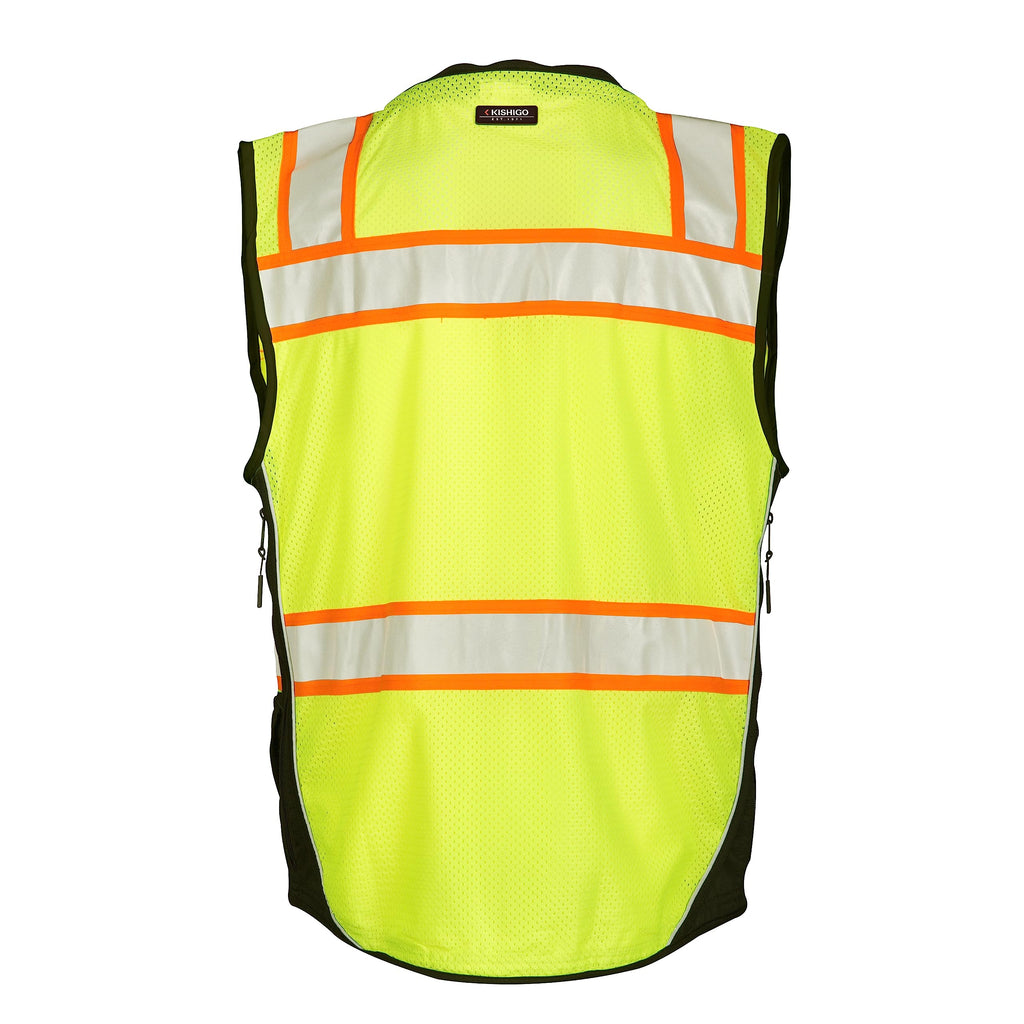 Kishigo Premium Black Series Unisex Surveyors Vest S5002, Class 2 Hi-Vis Safety Vest, 10 Pockets with Reinforced Front Zipper Closure & Durable Webbing, ANSI/ISEA 107 Compliant (Lime/Black, SM), Small