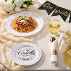 Goodluck 350 Piece Graduation Gold Plastic Dinnerware Set for 50 Guests, Congrats Grad Disposable Plates Include: 50 Dinner Plates, 50 Dessert Plates, 50 Cups, 50 Pre Rolled Napkins with Silverware