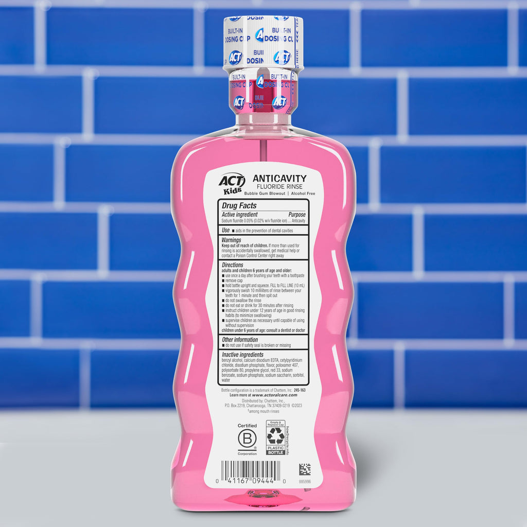 ACT Kids Anticavity Fluoride Mouthwash, Sugar & Alcohol Free Mouth Rinse Strengthens Teeth, Bubble Gum Blowout, 16.9 fl. oz.