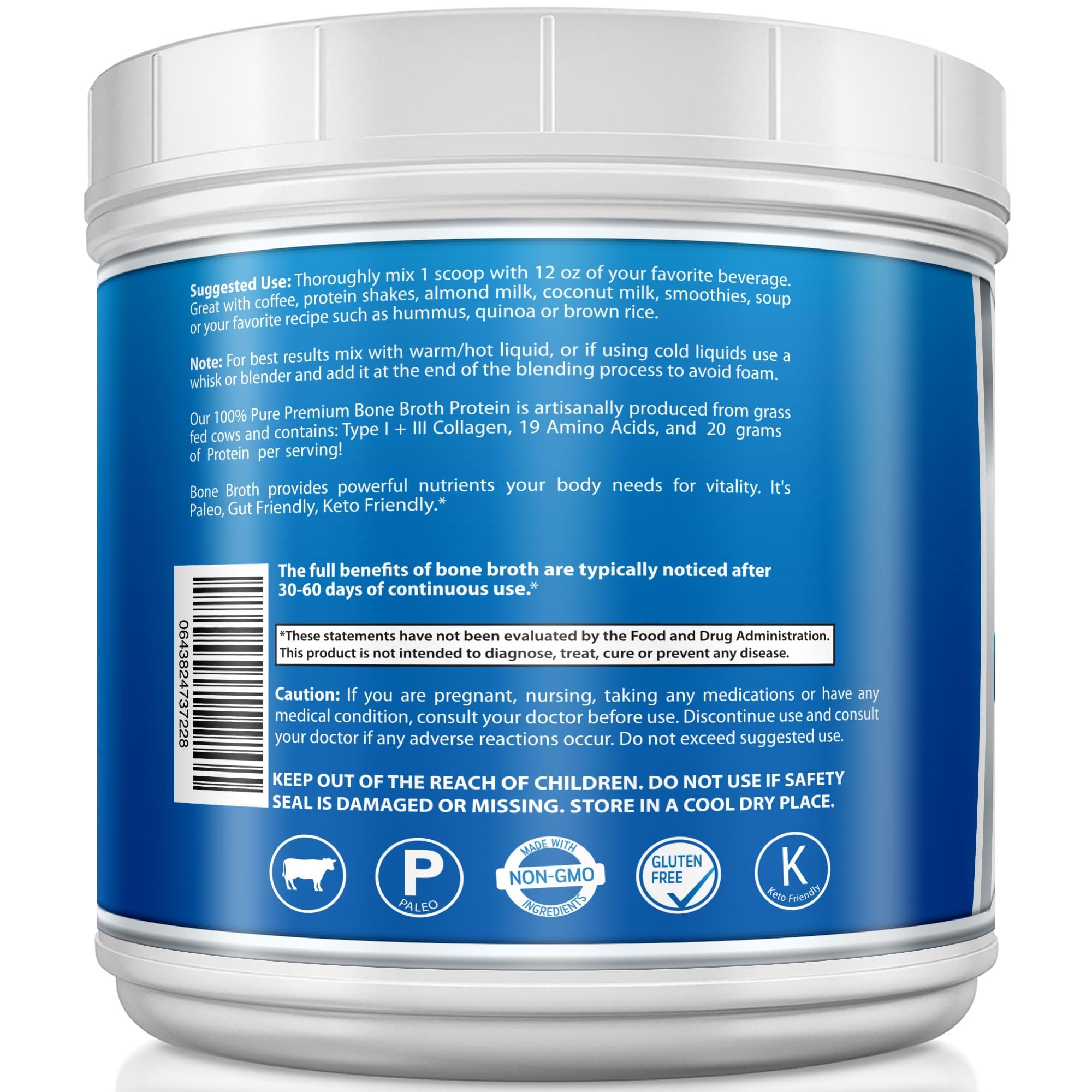 YounGlo Research - Bone Broth Beef Protein Powder - 1.25 lb / 20 oz, Unflavored - Made in USA - High Collagen & Gelatin from Grass Fed Bovine - Nutritious Marrow Benefits - Soups, Paleo & Keto Diets