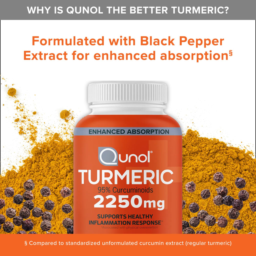 Qunol Turmeric Curcumin 2250mg, Black Pepper Extract for Enhanced Absorption, Supports Healthy Inflammation Response and Joint Health, Dietary Supplement, Vegetarian Formula, 90 Capsules