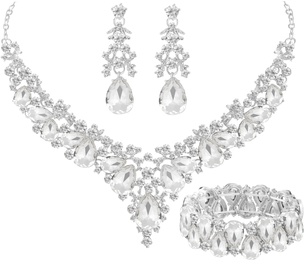Paxuan Elegant Bridal Wedding Jewelry Set for Women / Brides / Bridesmaids Teardrop Crystal Leaf Cluster Jewelry Set for Wedding Prom Party Bridal Bridesmaids Rhinestone Crystal Necklace Earrings Bracelet Set (White(Silver))