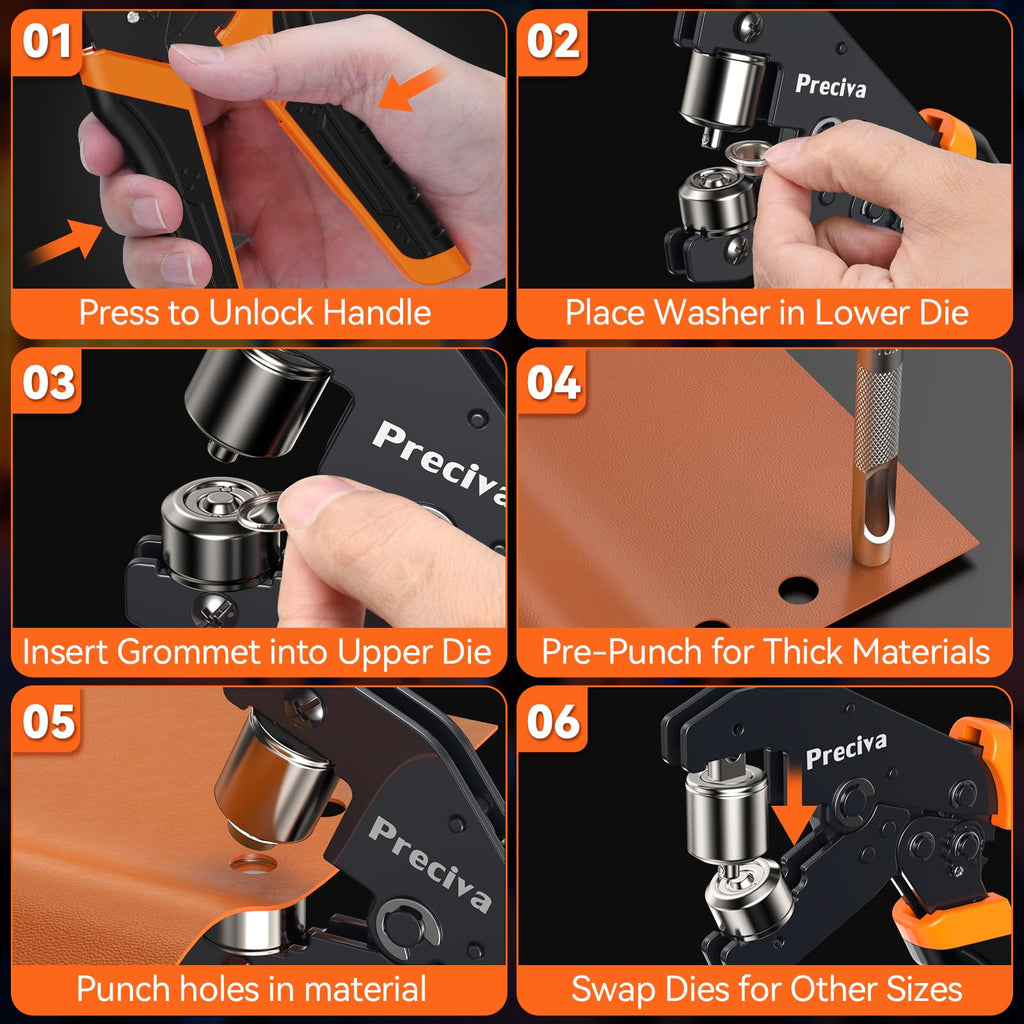 Preciva 3-Size Grommet Tool Kit - 1/2" 1/4" 3/8" Hole Punch & Eyelet Setting Tool with 300Pcs Grommets | Handheld Eyelet Plier for Tarps, Tents, Canvas, Vinyl & Leather Crafting