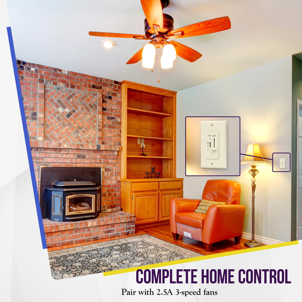 ENERLITES 3 Speed Ceiling Fan Control and LED Dimmer Light Switch, Light and Fan Combination Switch, Single Pole, 2.5A, 300W Incandescent, No Neutral Wire Required, 17001-F3-LA-F, Light Almond