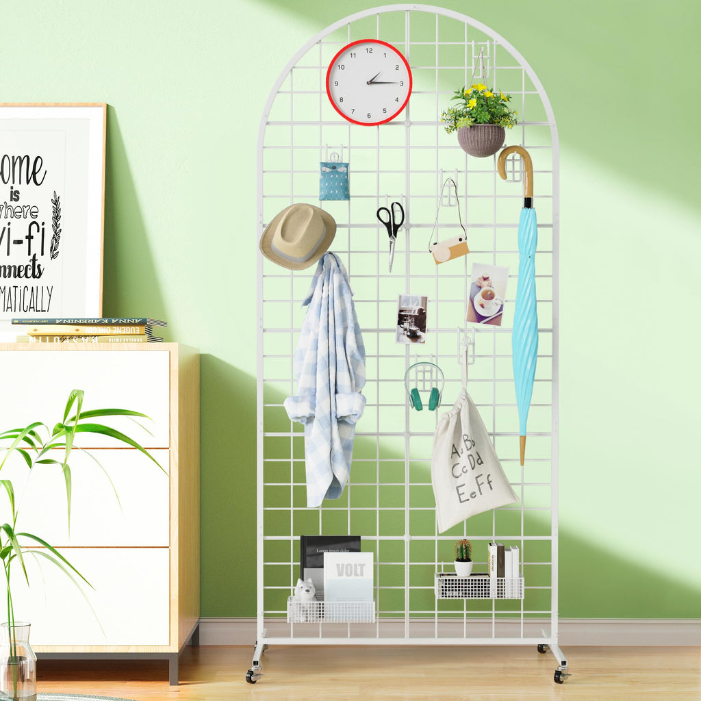 Asee'm Grid Wall Panels Display Stand 2.6' x 5.8' FT White Movable Wire Grid Wall Display Rack Heavy Floorstanding Detachable Girdwall Panel with T-Base for Craft Show Rack, Retail Displays 1PCS