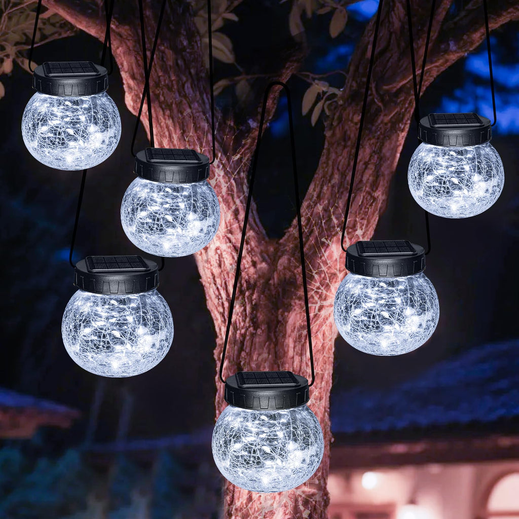 Kolpop Solar Lanterns Outdoor Waterproof 6 Pack, Hanging Solar Lights with 30 LED, Cracked Glass Hanging Globes for Garden Patio Fence Yard Christmas Tree Decoration, Cold White